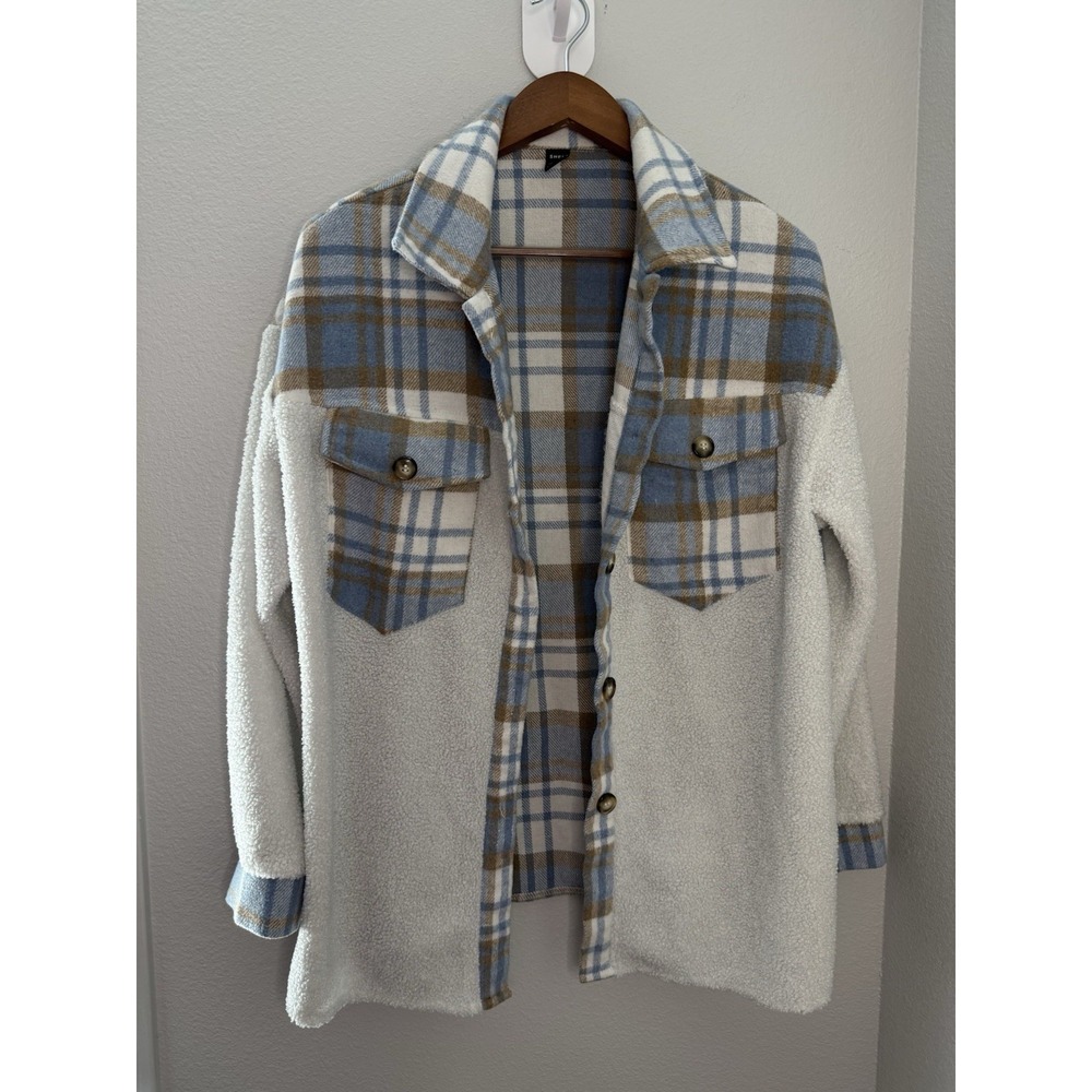 Shein Tartan Print Teddy Panel Drop Shoulder Button Blue Cream and Tan Size L